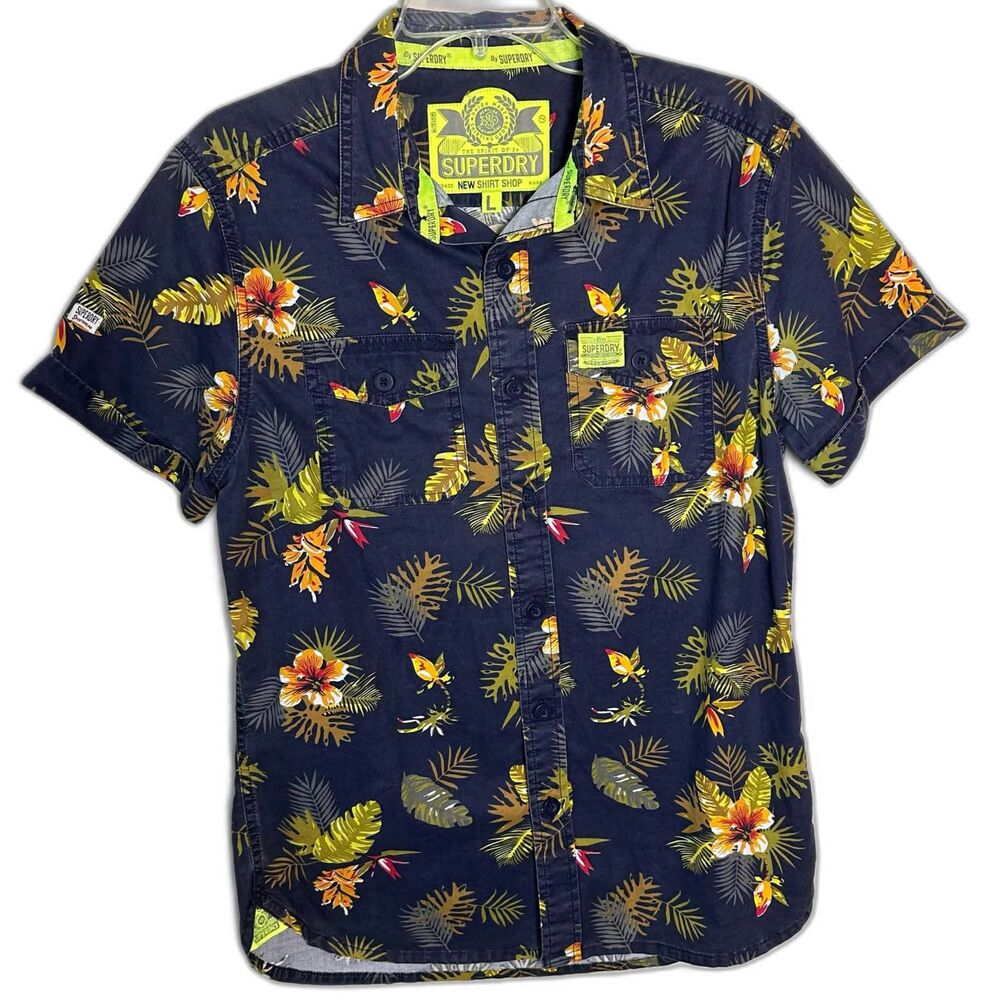 Superdry Mens Large Floral Hawaiian Button Down Shirt Tropical Hibiscus Cotton